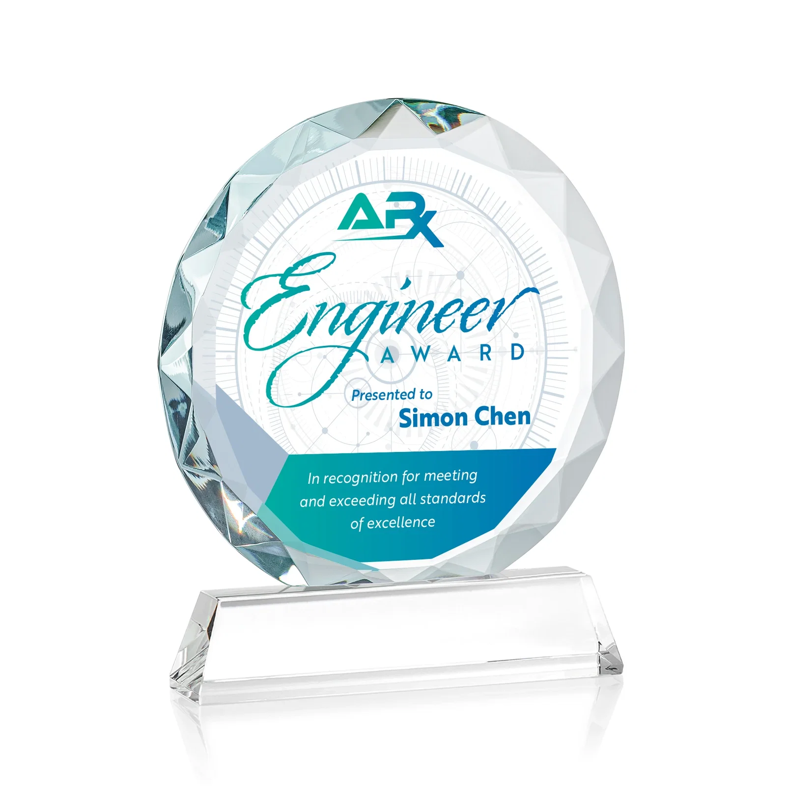 Custom printed Optical Crystal Faceted Gemstone Award with Prismatic Finish, awards for retirement presentations