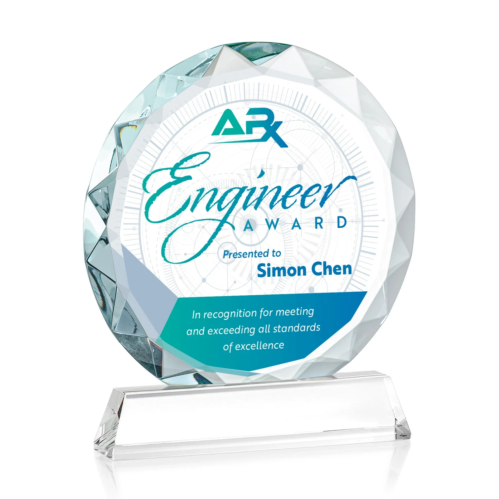 Custom printed Optical Crystal Faceted Gemstone Award with Prismatic Finish, awards for team milestone celebrations