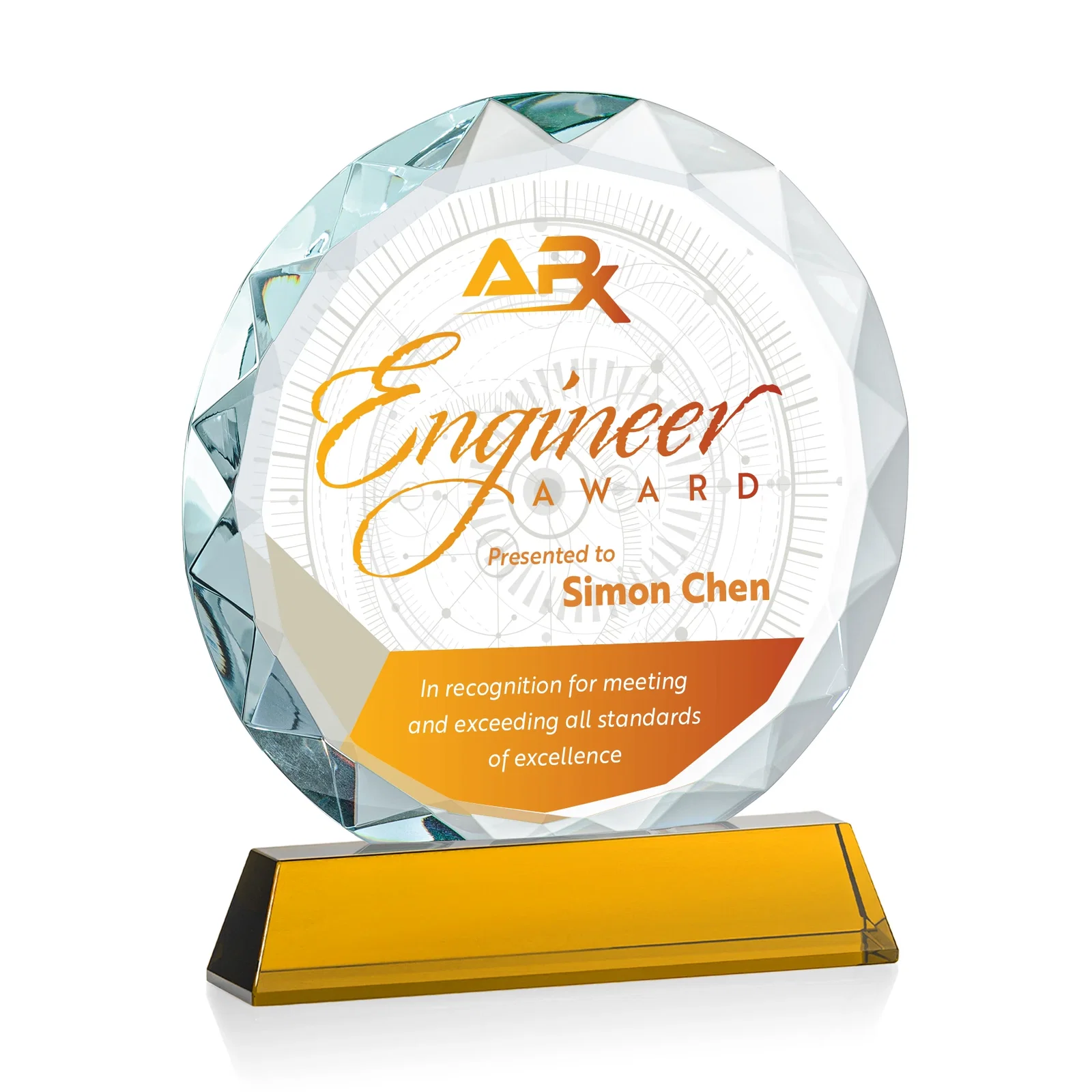 Custom printed Optical Crystal Faceted Gemstone Award with Prismatic Finish, awards for company anniversary events