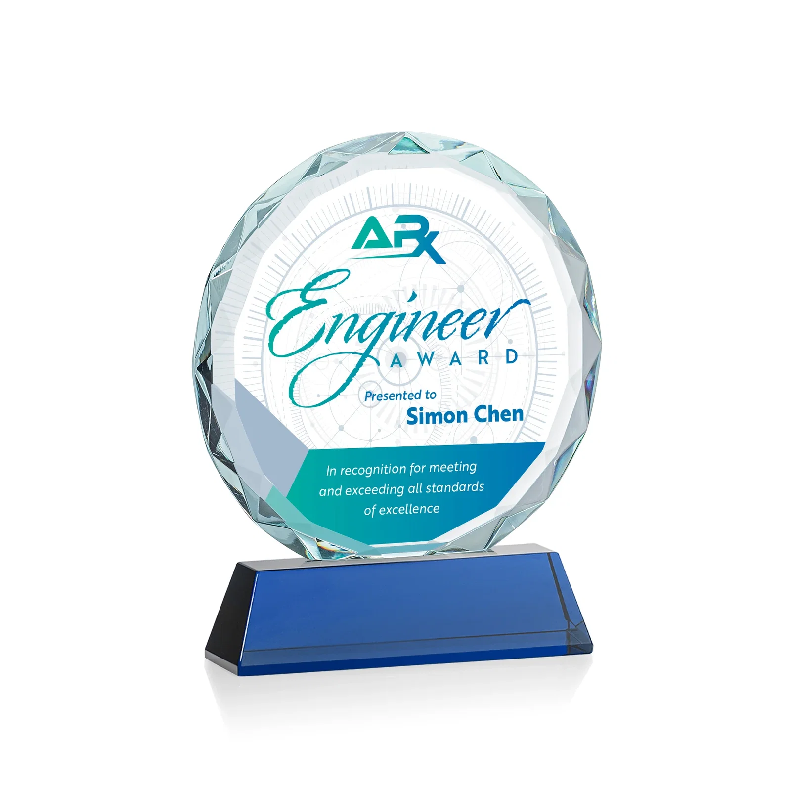 Custom engraved Optical Crystal Faceted Gemstone Award with Prismatic Finish, awards for sales achievement awards
