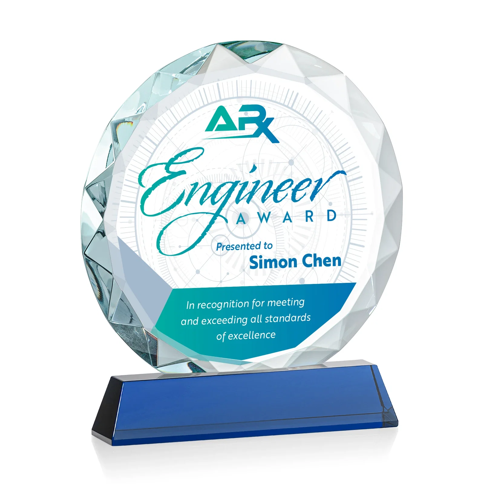 Custom engraved Optical Crystal Faceted Gemstone Award with Prismatic Finish, awards for team milestone celebrations
