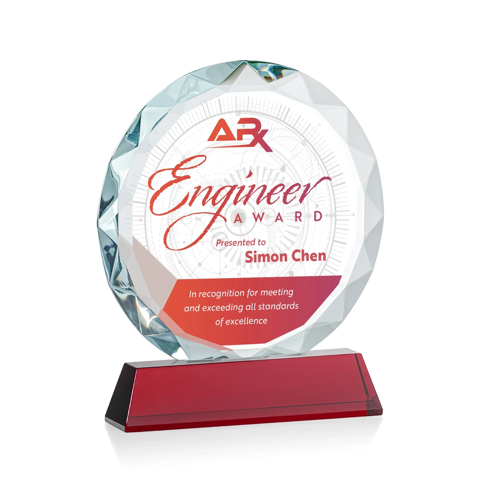 Custom engraved Optical Crystal Faceted Gemstone Award with Prismatic Finish, awards for dealer and partner awards