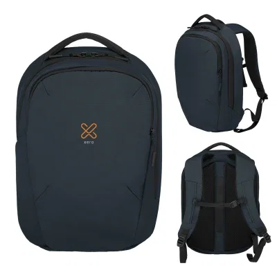 Recycled laptop backpack shown upright from the front