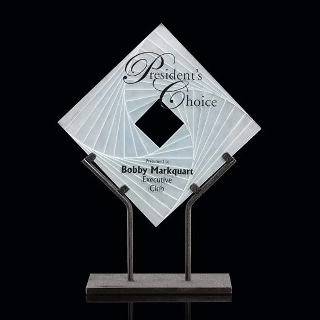 Custom Frosted Starfire Crystal Wave Award with a Clear Center Diamond, metal awards for employee recognition