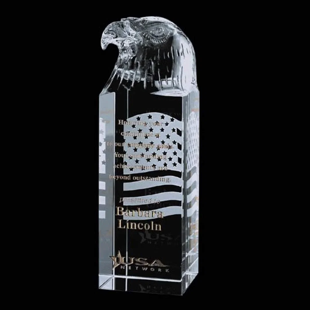Custom Optical Crystal Column Award Topped With an Eagle Head for service anniversary gifts