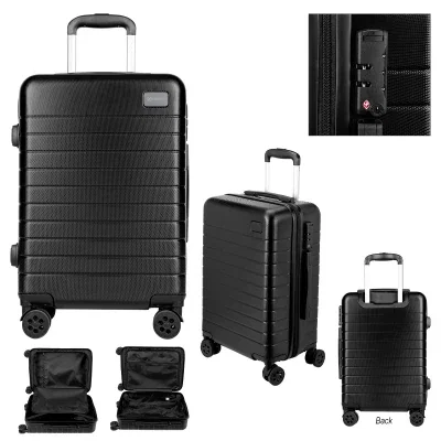 Black hardside carry-on suitcase standing upright with its handle extended