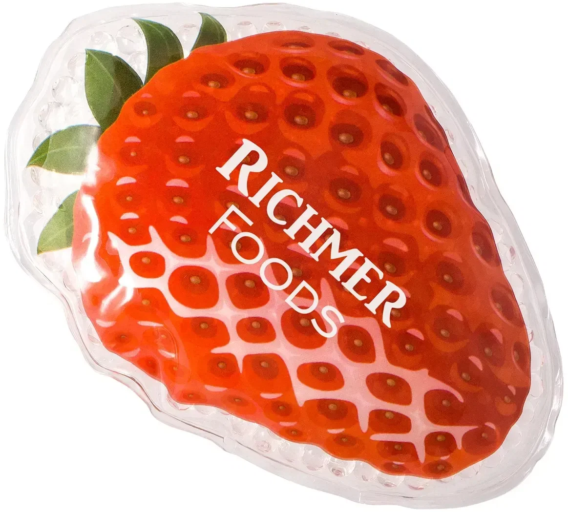 Strawberry Aqua Pearls custom hot/cold therapy pack, branded strawberry-shaped pack for clinics