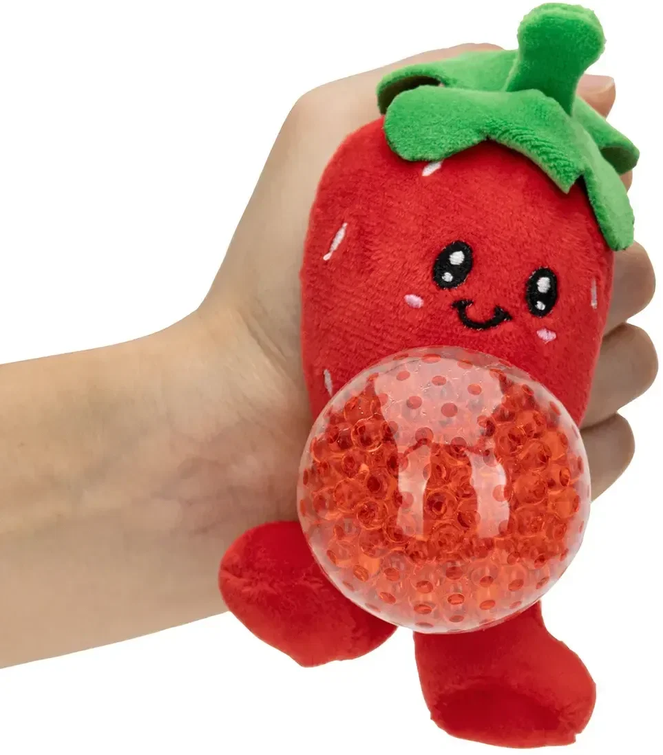 Custom strawberry plush stress ball, side profile detail