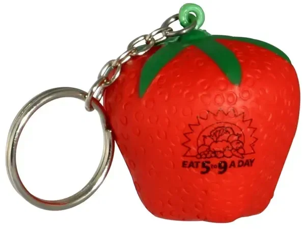 Strawberry Stress Reliever Keychain, a custom logo strawberry-shaped promotional stress ball on keys