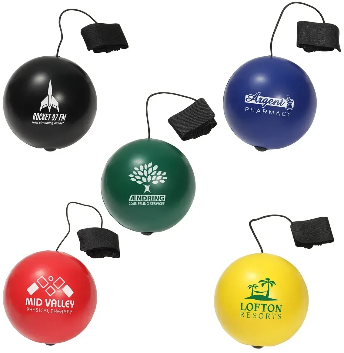 Custom stress ball yo-yo bungee, branded promotional squeeze toy with cord, front hero view