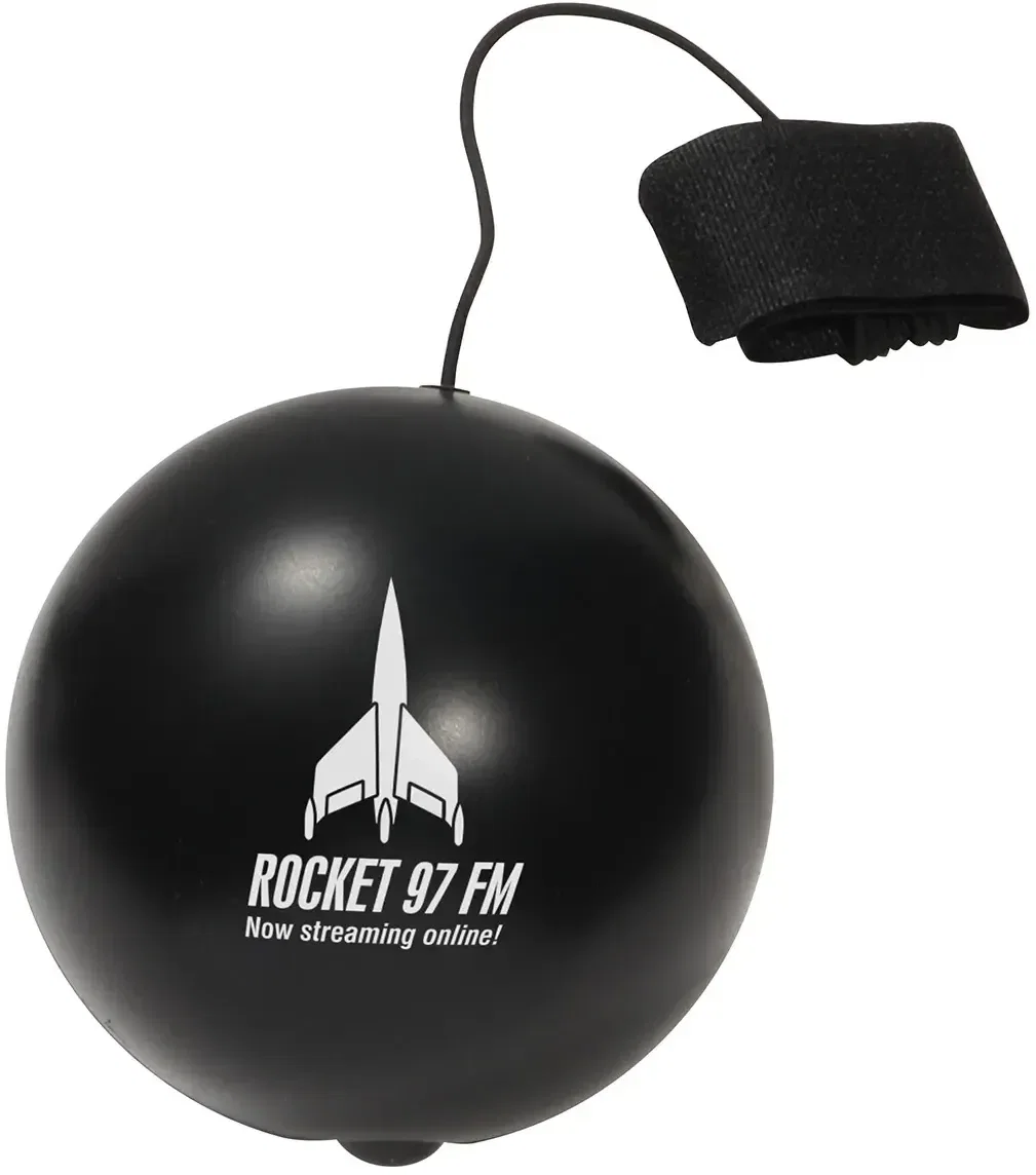 Branded yo-yo bungee stress ball, side view showing the elastic return cord