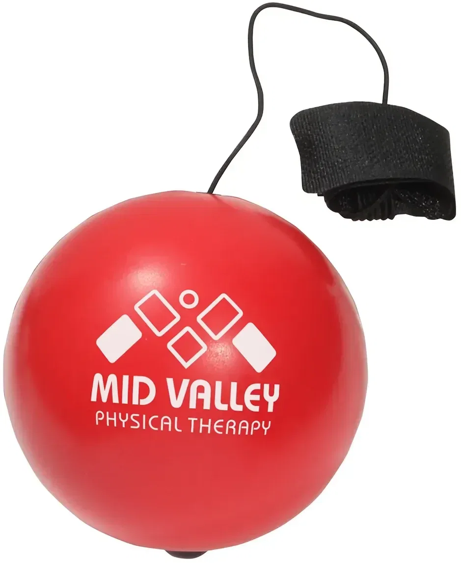 Branded bungee stress ball fidget toy, close-up of logo imprint area on the sphere