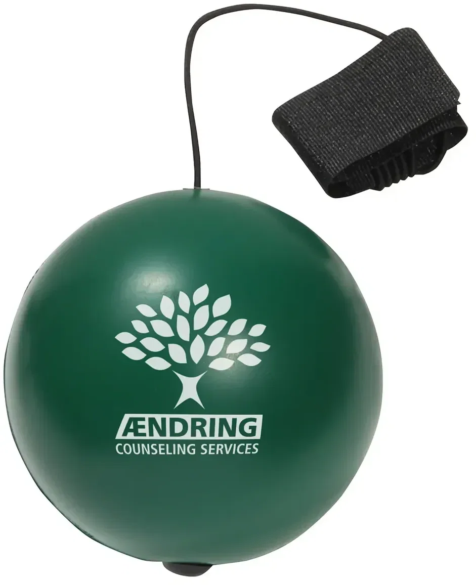 Branded stress ball yo-yo bungee, top-down view of the promotional squeeze toy