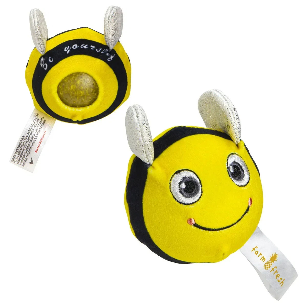 Custom plush bee promotional stress reliever, soft branded squeeze toy front view for wellness programs