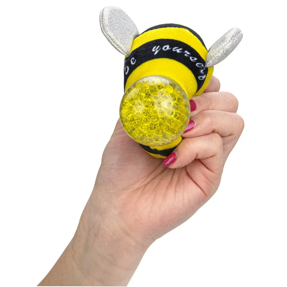Branded Stress Busters bee plush squeeze toy, side profile showing soft wings and body