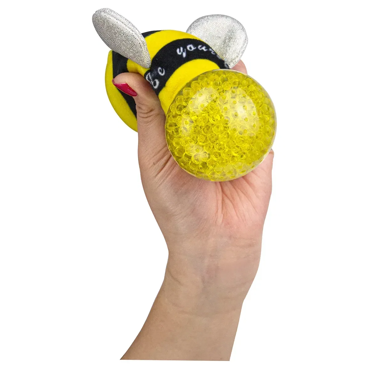 Branded bee plush stress reliever, close-up of logo imprint area on the promotional squeeze toy