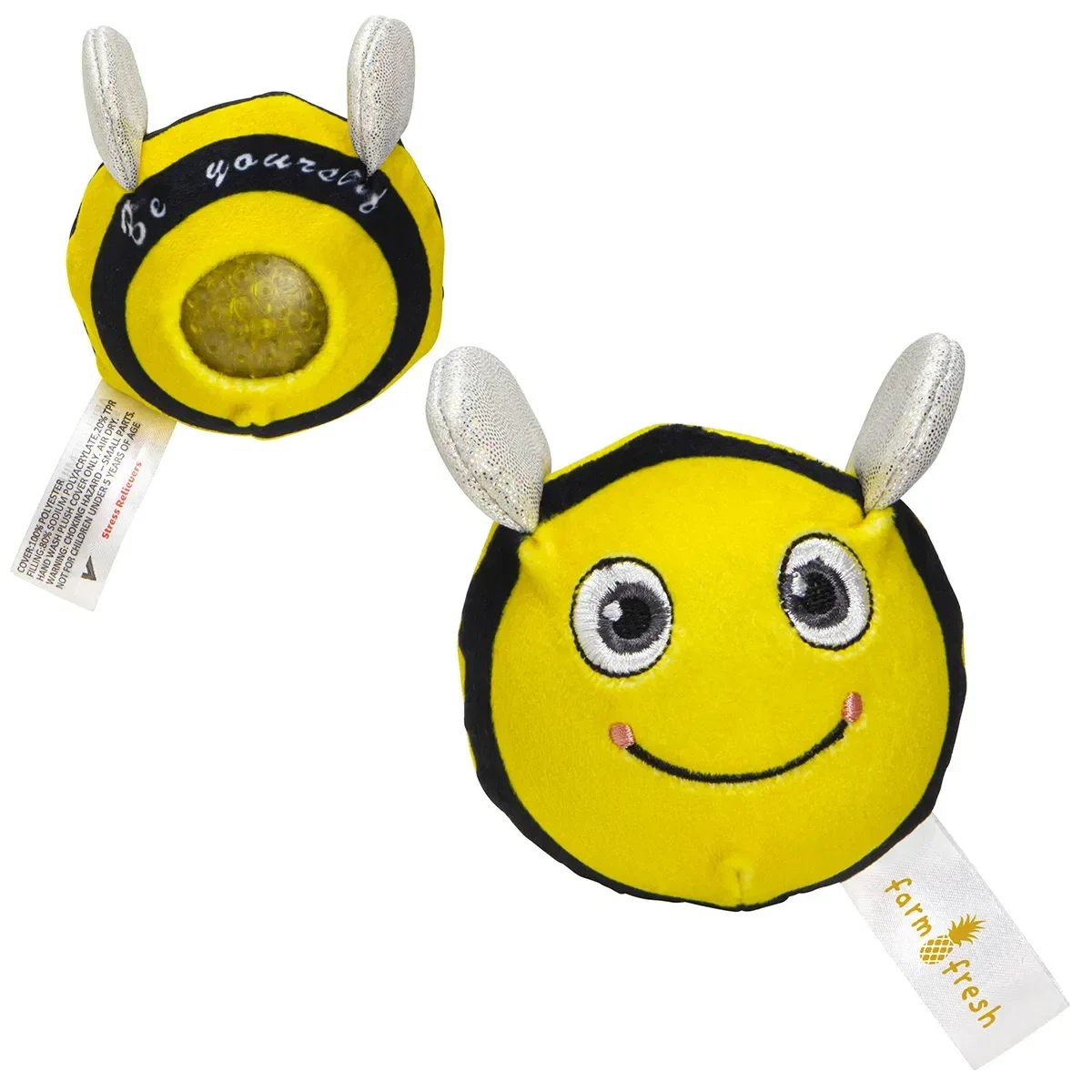 Branded bee plush squeeze toy, back view of the custom promotional stress reliever