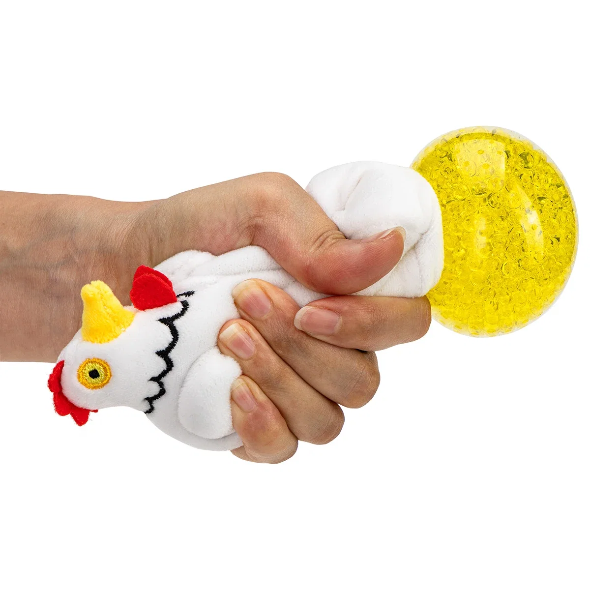Stress Busters Chicken squeeze toy shown in hand, demonstrating the stress-relief squeeze