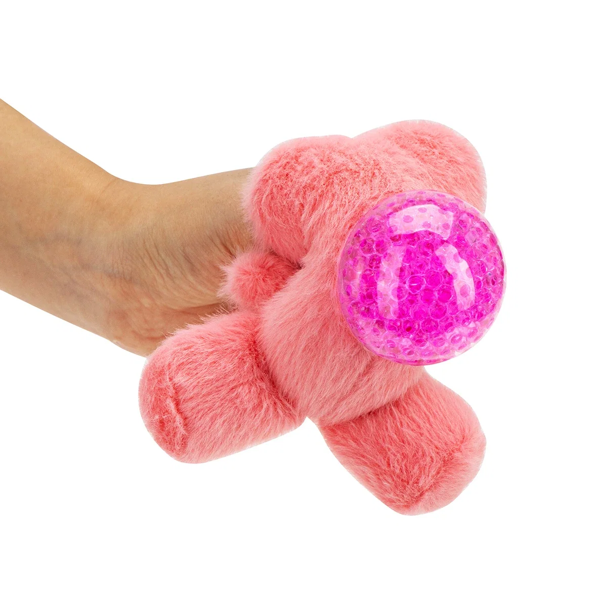 Hand squeezing the Stress Busters Fluffy Heart, promotional stress ball in use
