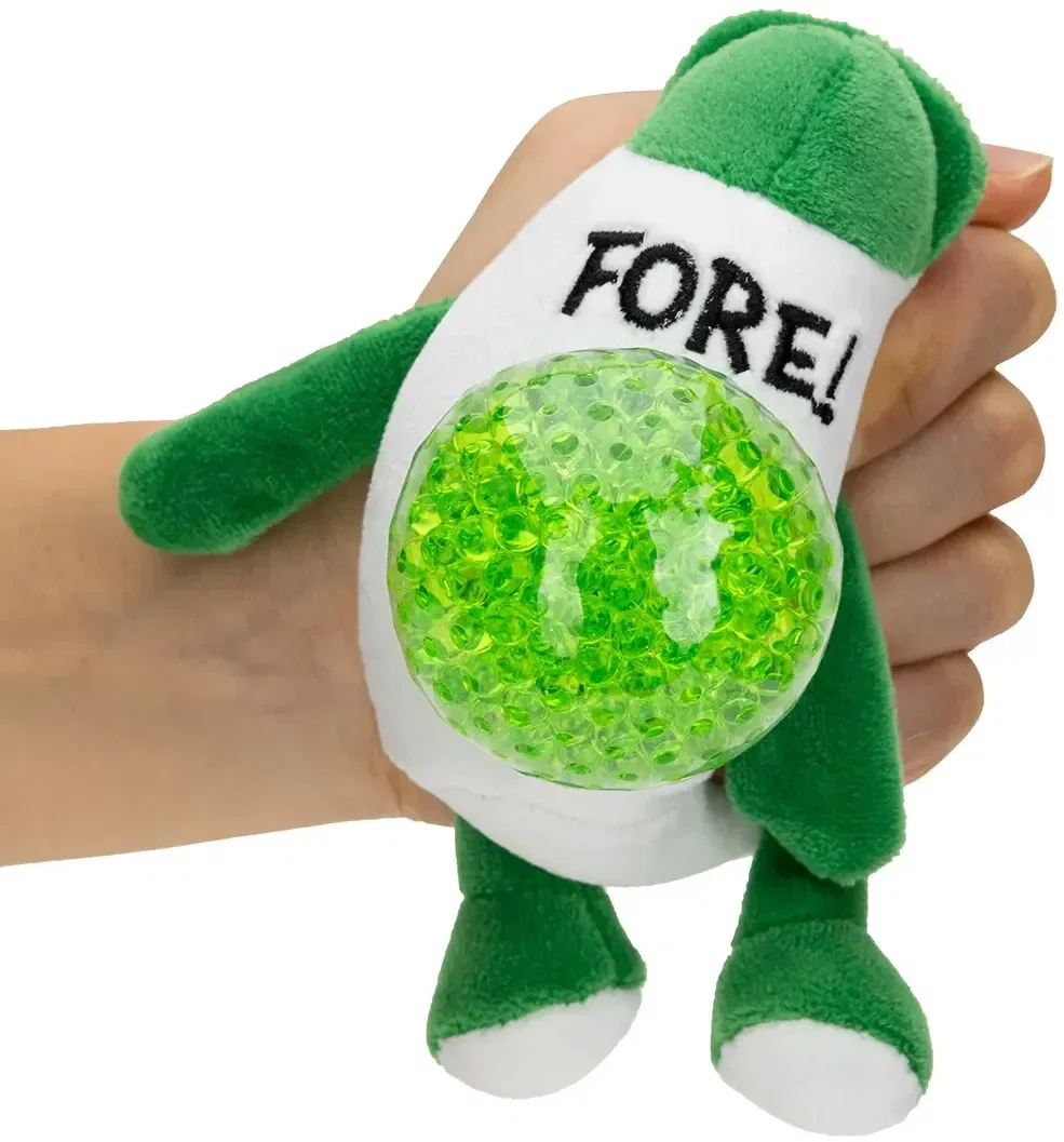 Branded golf-themed promotional stress ball with imprint area, side view