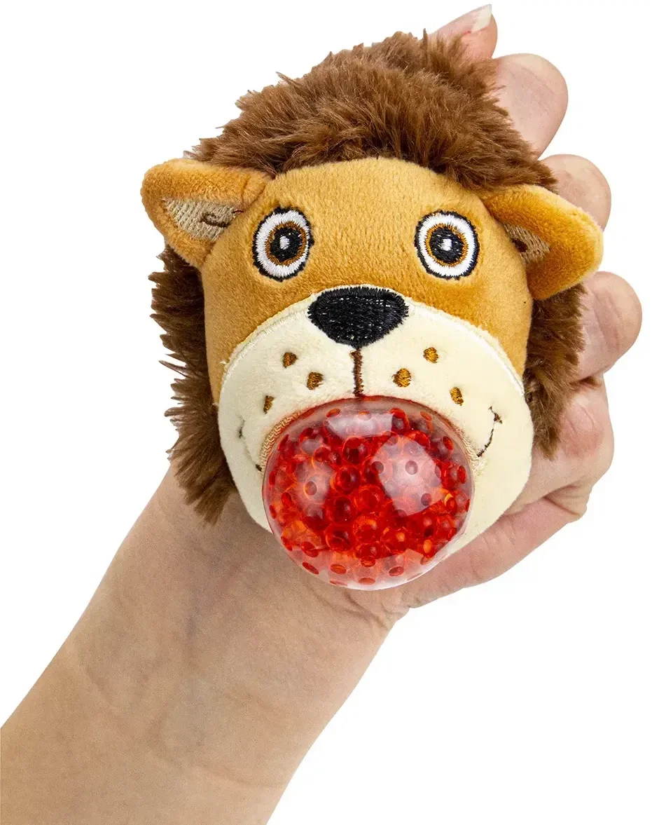 Branded Stress Busters lion plush squeeze toy, side profile showing mane and body detail