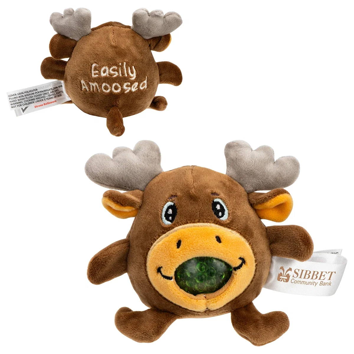 Custom Stress Busters Moose, front view of the branded moose-shaped stress ball