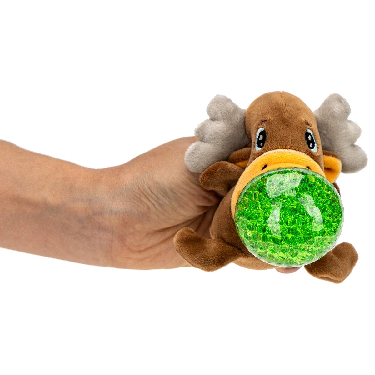Side profile of the Stress Busters Moose stress ball, showing the antler detail