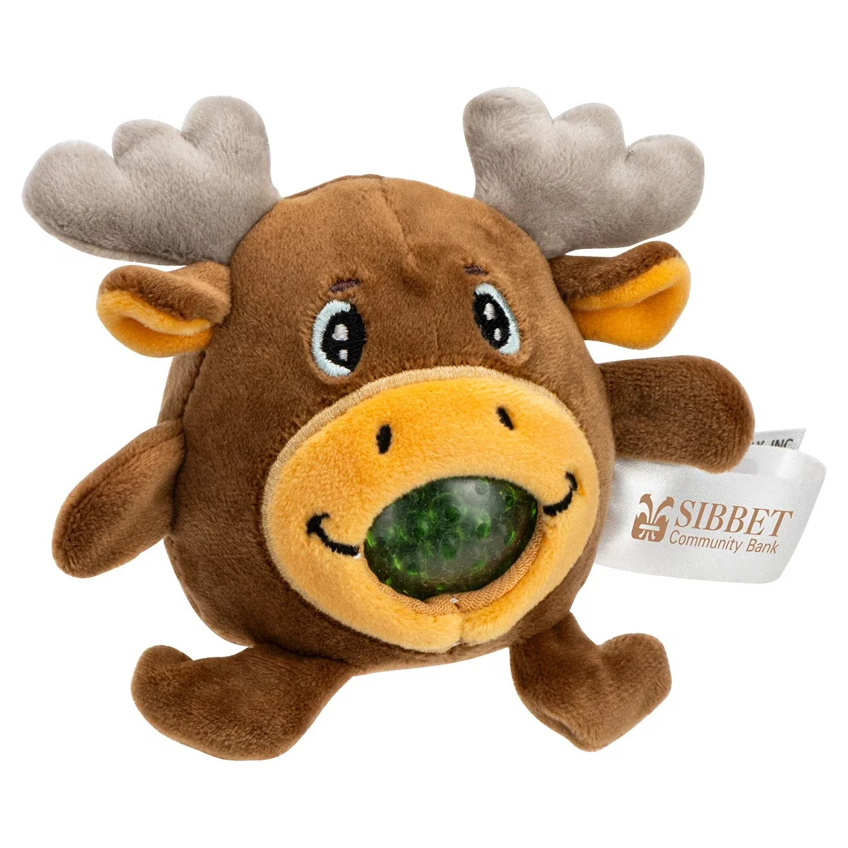 Hand squeezing the Stress Busters Moose, promotional stress ball in use