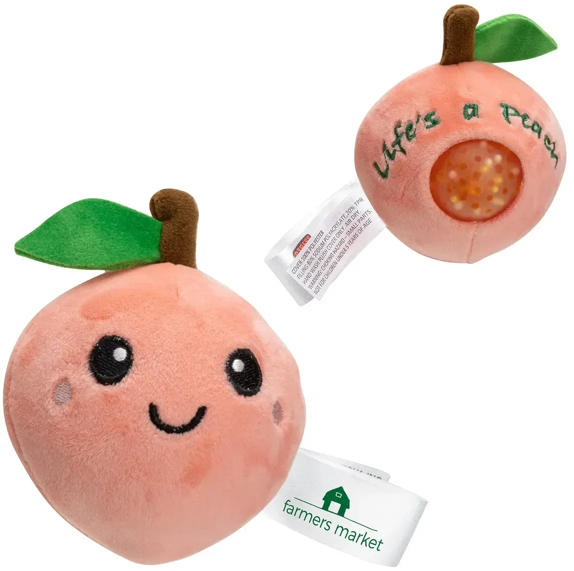 Custom Stress Busters peach stress reliever squeeze toy, front view