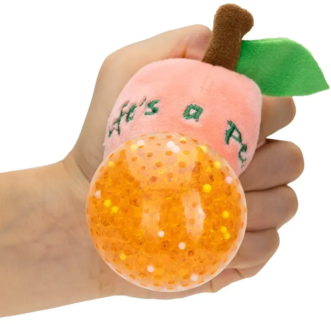 Branded peach promotional stress ball with logo imprint area, side view