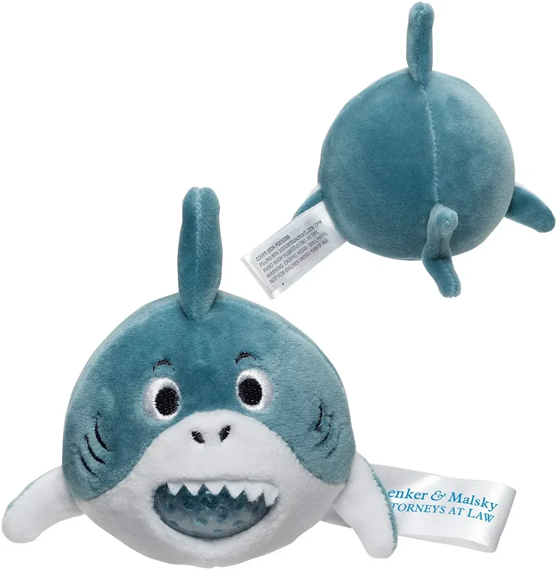 Custom Stress Busters shark plush stress ball with branded logo, front view