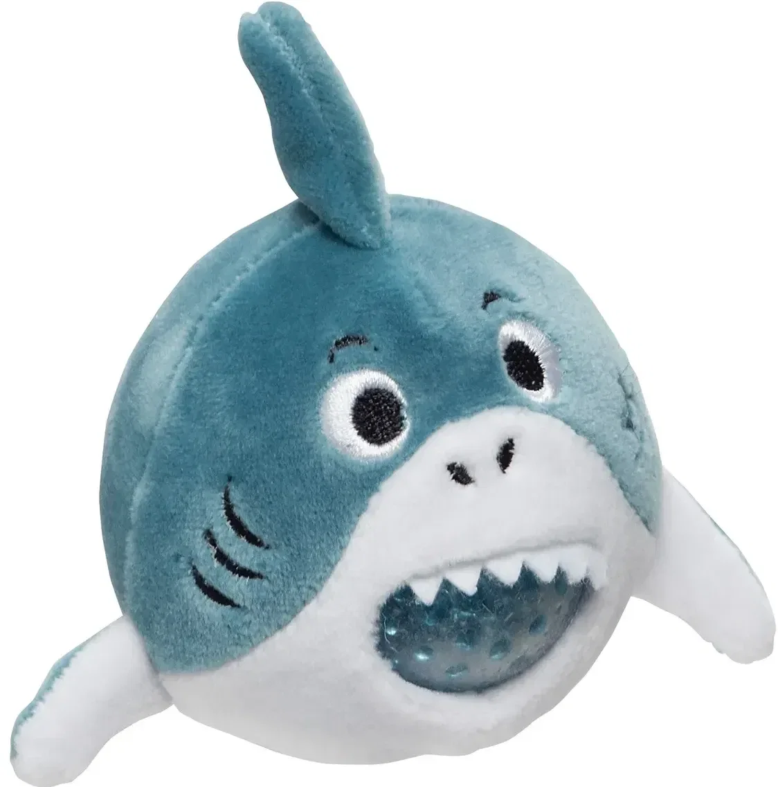 Branded plush shark stress ball, side profile of gel-core squeeze toy