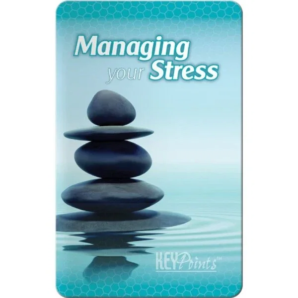 Stress Management Tips Card, pocket guide listing stress symptoms and coping techniques, front view