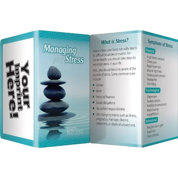Stress Management Tips Card panel covering physical and psychological stress signs