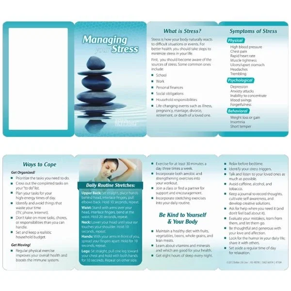 Stress Management Tips Card back panel with self-care and wellness advice