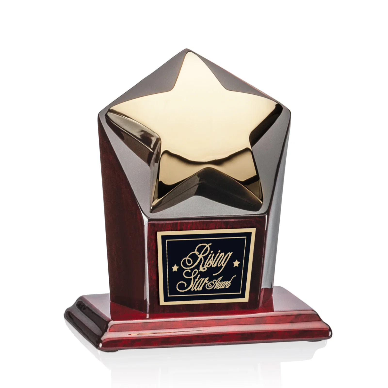 Custom Chrome Cast Metal Star Award on Piano-Finish Rosewood for service anniversary gifts