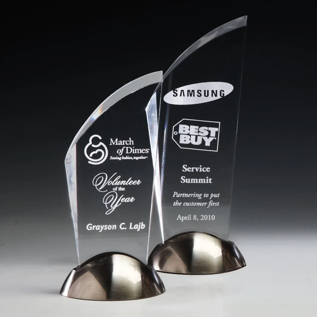 Custom Double-Beveled Acrylic Award Recessed into Satin Nickel Base for employee recognition