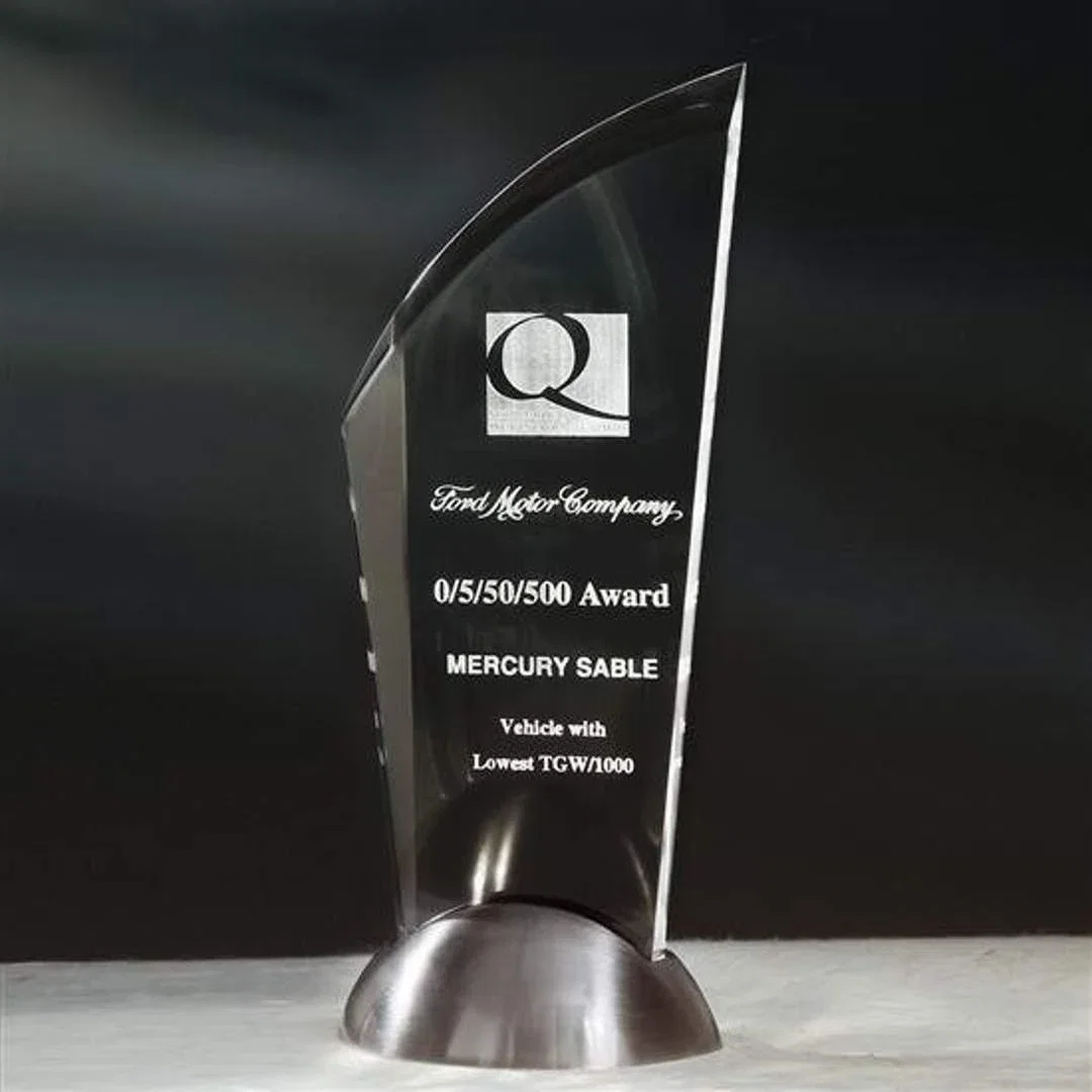 Custom Double-Beveled Acrylic Award Recessed into Satin Nickel Base for corporate award ceremonies