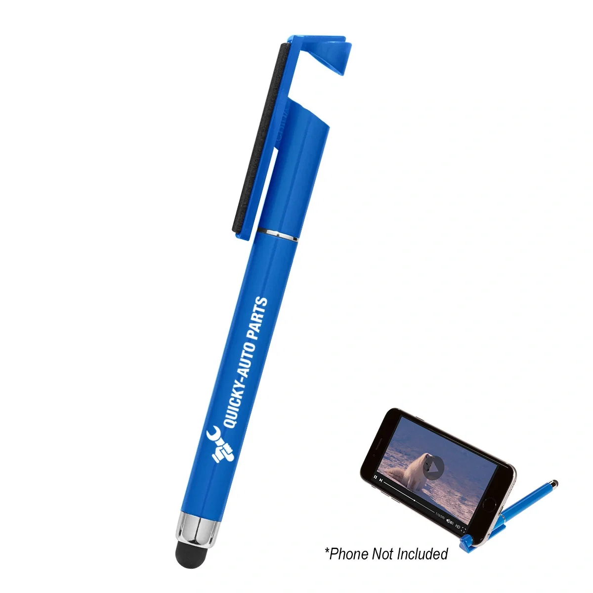 Blue stylus pen resting beside a smartphone