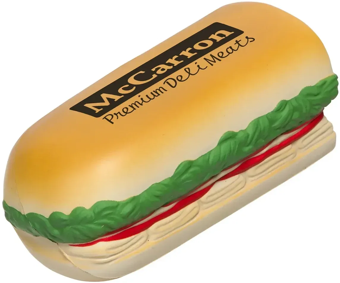 Sub Sandwich Stress Reliever, custom deli hoagie squeeze toy for branded logo giveaways
