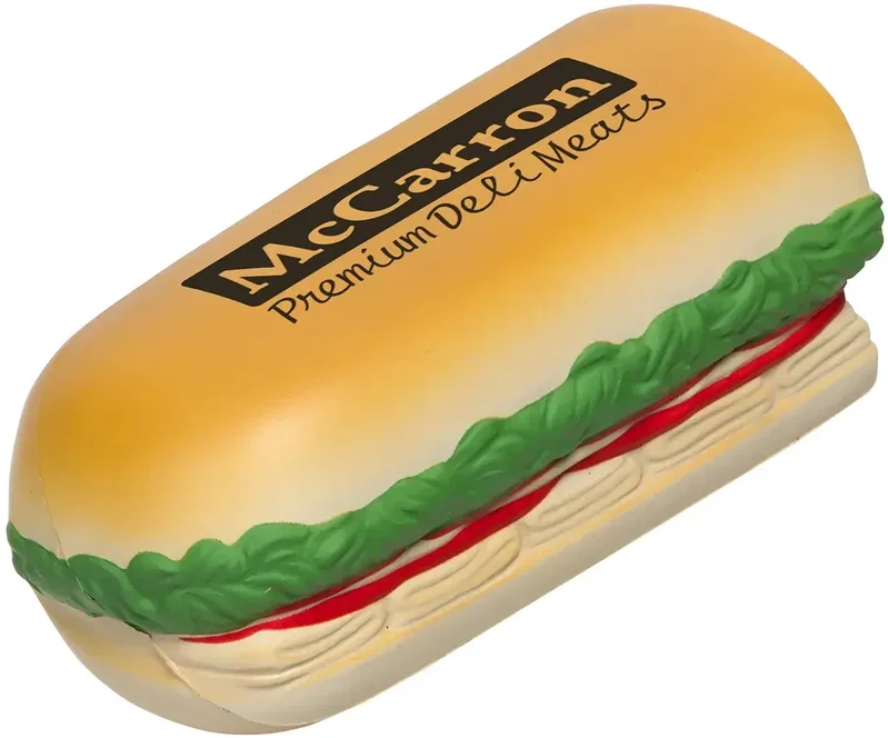 Sub Sandwich Stress Reliever, custom deli hoagie squeeze toy for branded logo giveaways