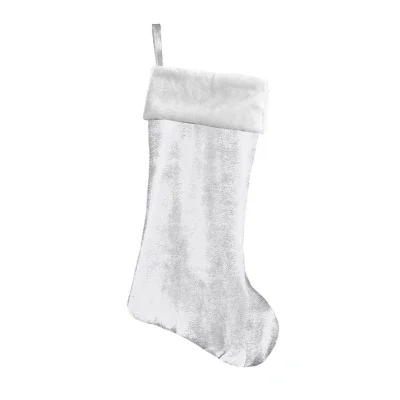 White holiday stocking, seven inches wide and eighteen tall