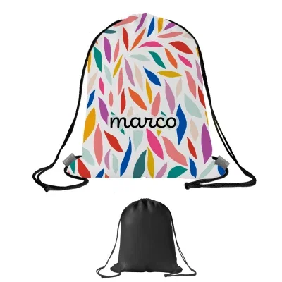 Black rPET drawstring backpack roughly 13 by 15 inches