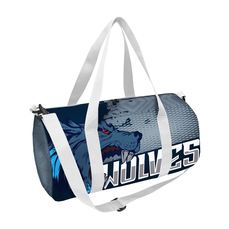 Angled three-quarter view showing the front and side of the duffel