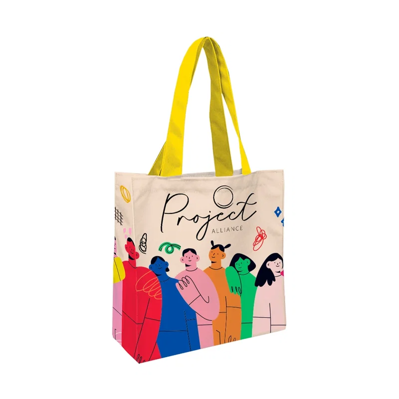 Straight-on front view of the complete recycled tote