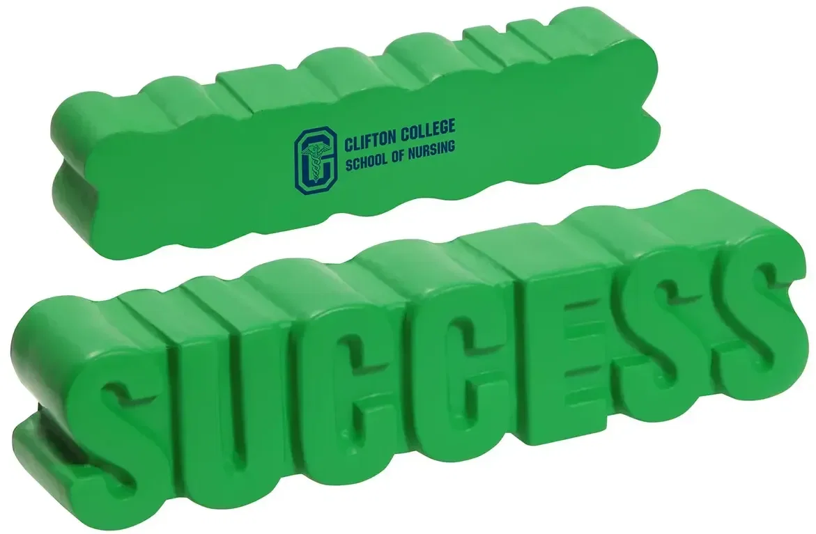 Custom Success word-shaped promotional stress reliever squeeze toy with logo imprint area, front view