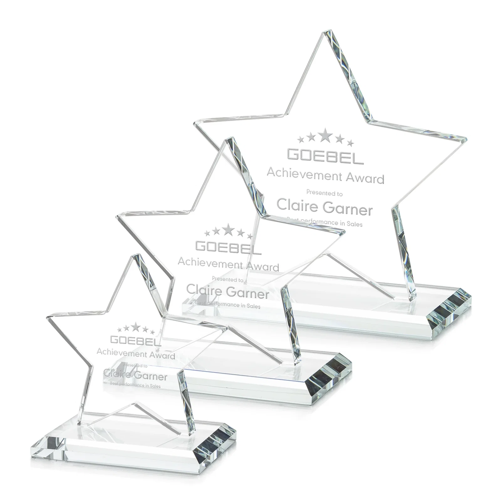 Custom Starfire Crystal Star Award in Amber, Light Blue or Rosewood for employee recognition
