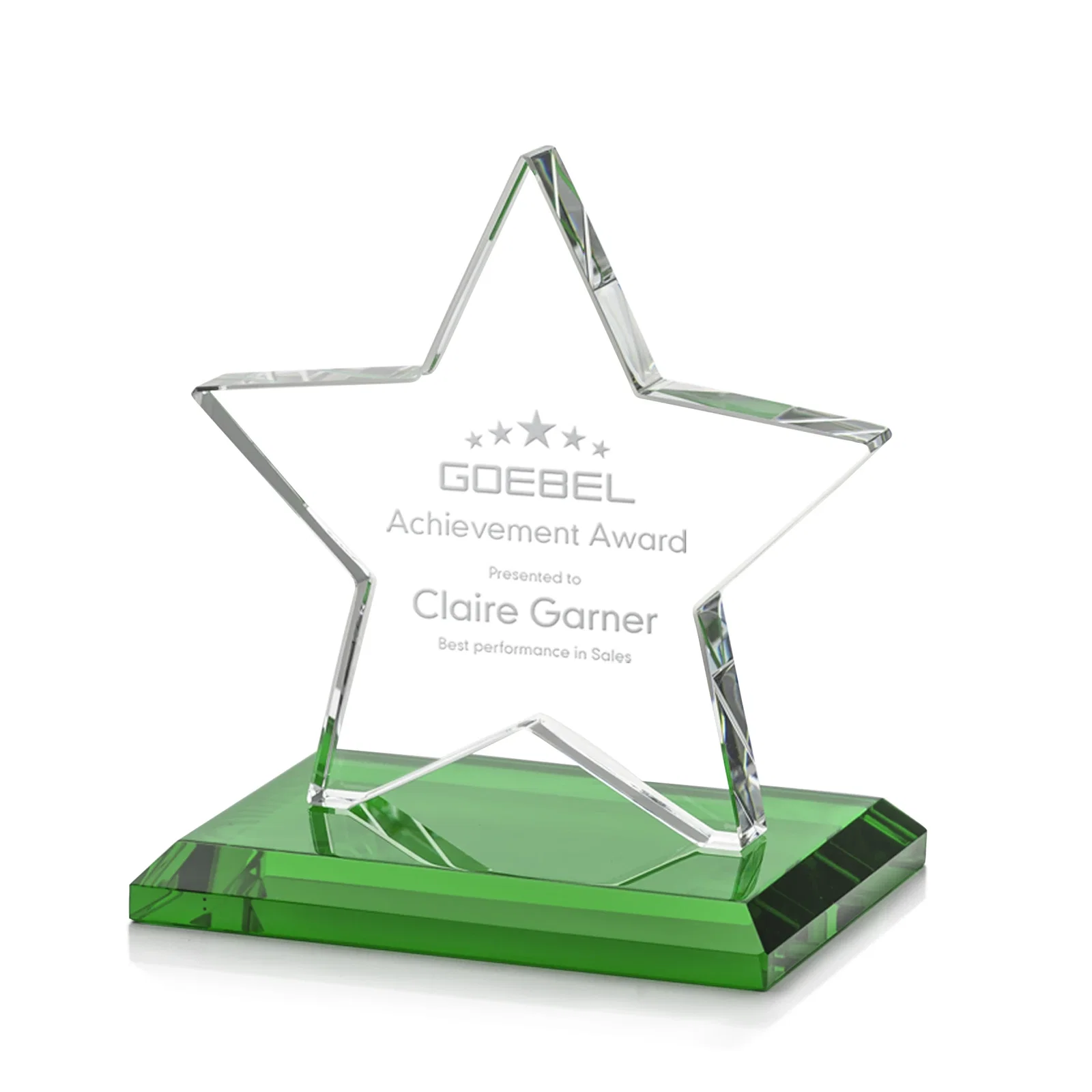 Custom Starfire Crystal Star Award in Amber, Light Blue or Rosewood for dealer and partner awards