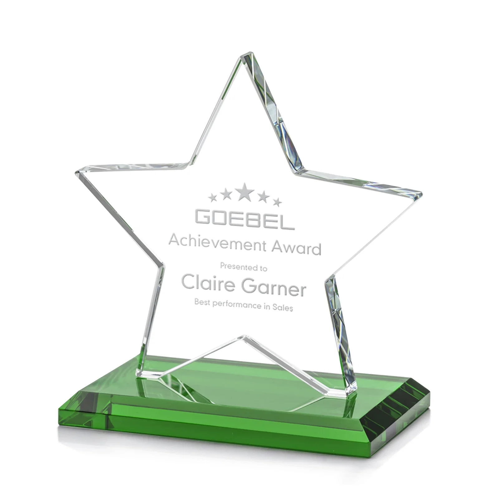 Custom Starfire Crystal Star Award in Amber, Light Blue or Rosewood for company anniversary events