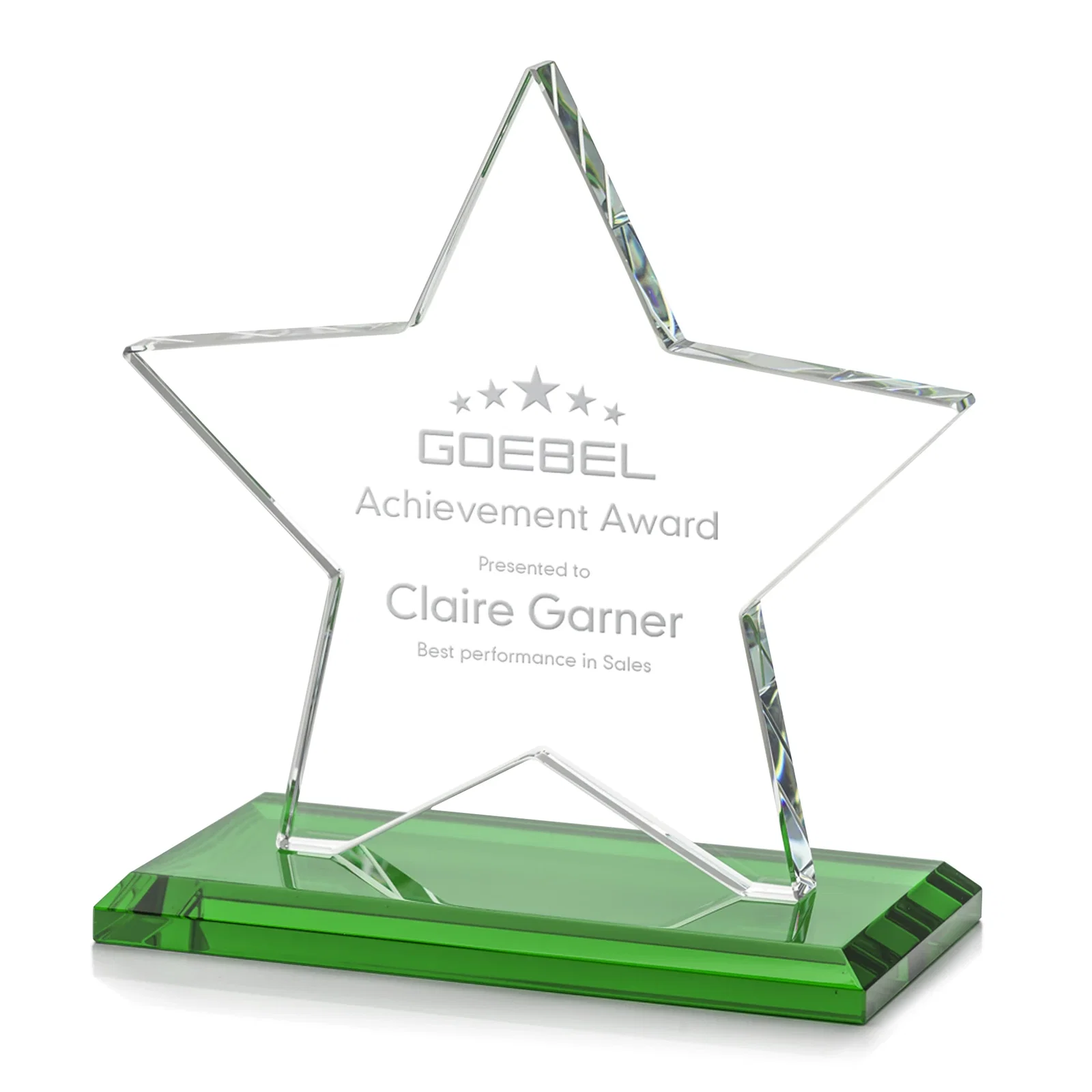 Personalized Starfire Crystal Star Award in Amber, Light Blue or Rosewood for employee recognition